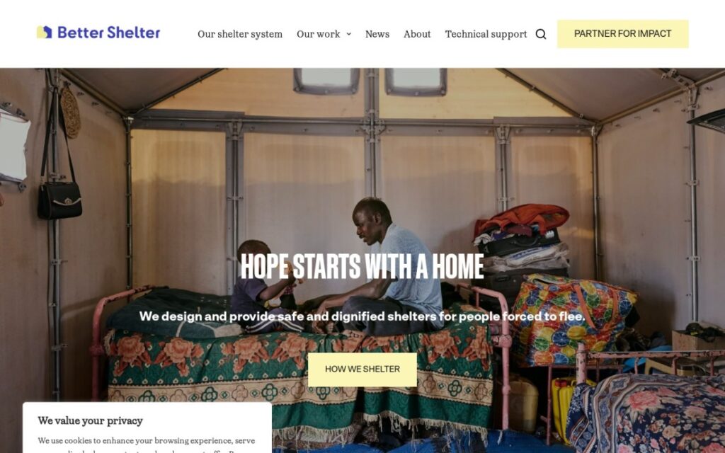 Better Shelters webbplats bettershelter.org byggd på WpKit
