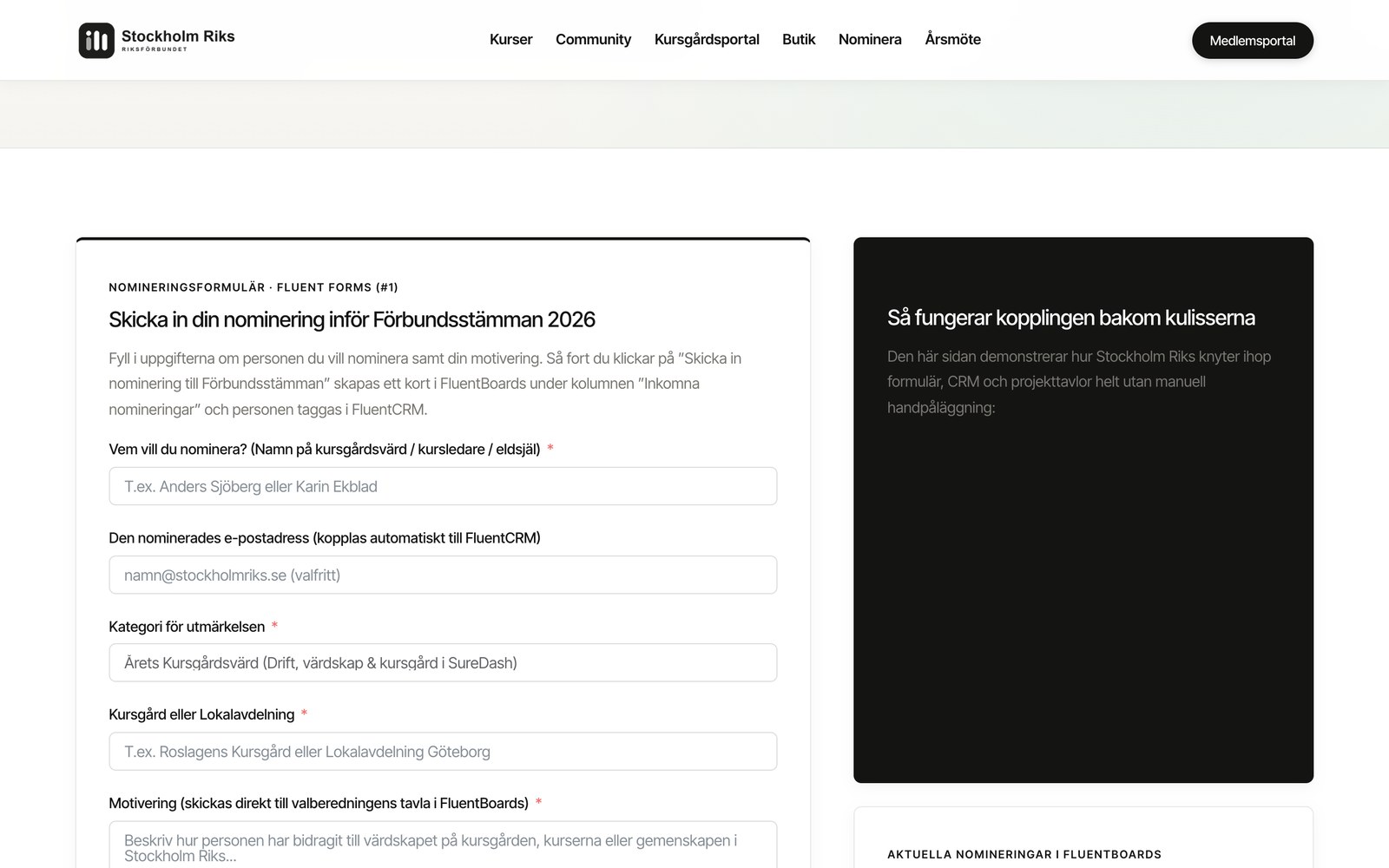 Funktioner – sida för sida Nomineringsformulär i startmallen Stockholm