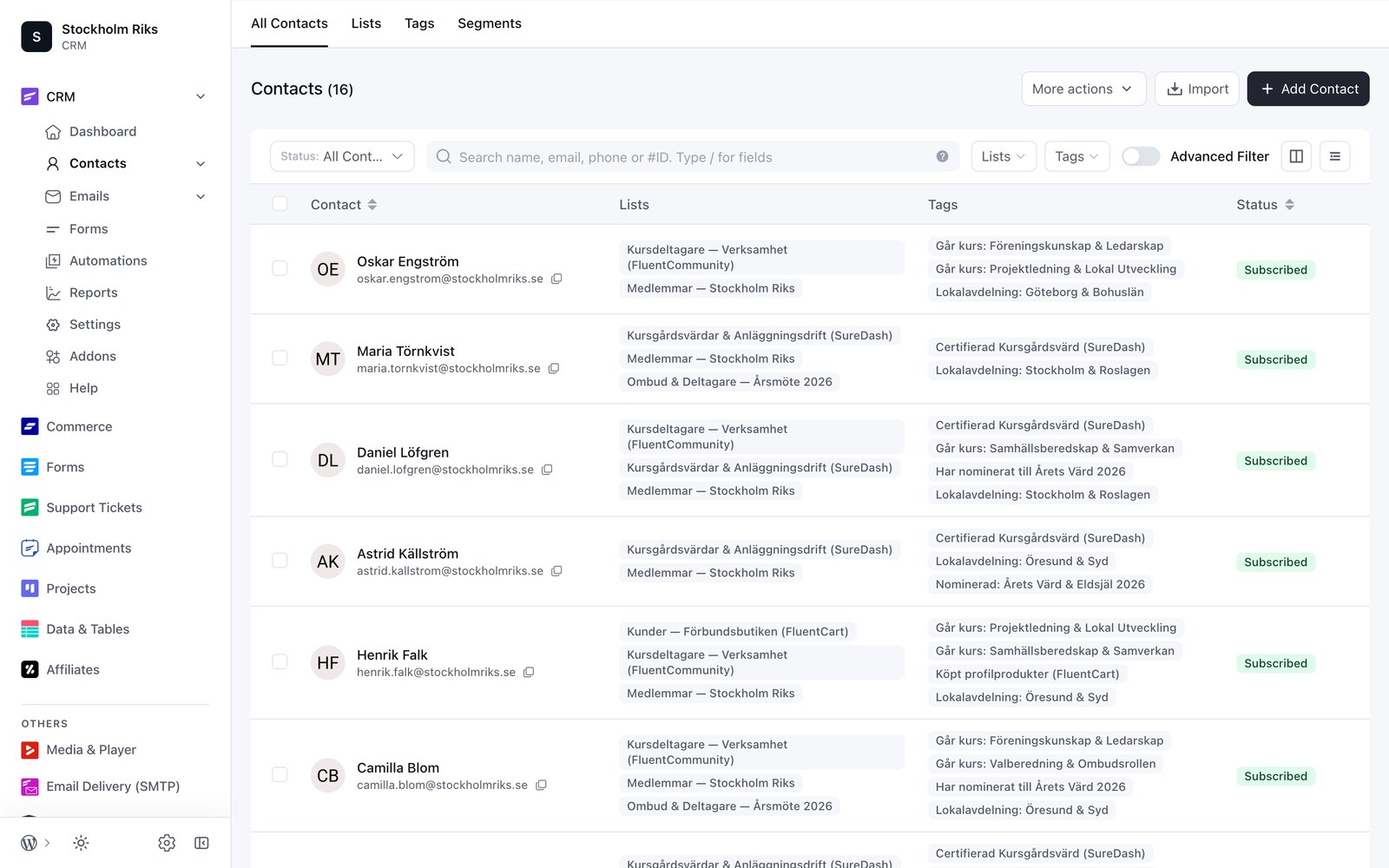 Funktioner – sida för sida Kontaktregister (CRM) i startmallen Stockholm